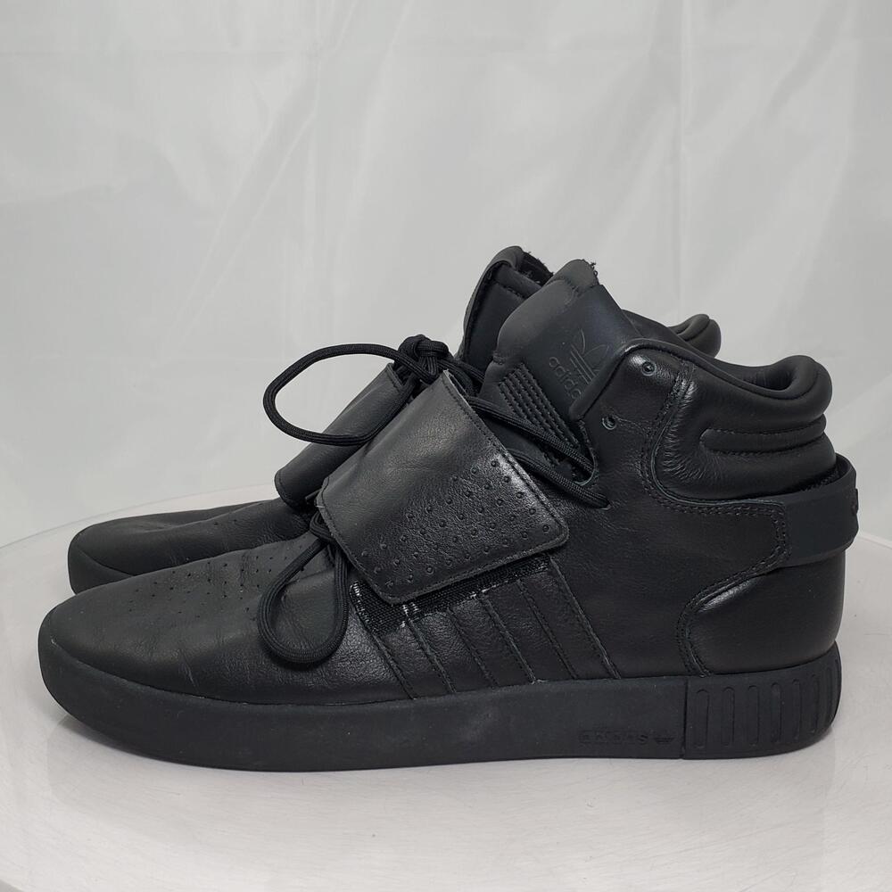 Adidas Tubular Invader Strap Shoes Men 9 Black Leather High Top BW0871 Sneakers